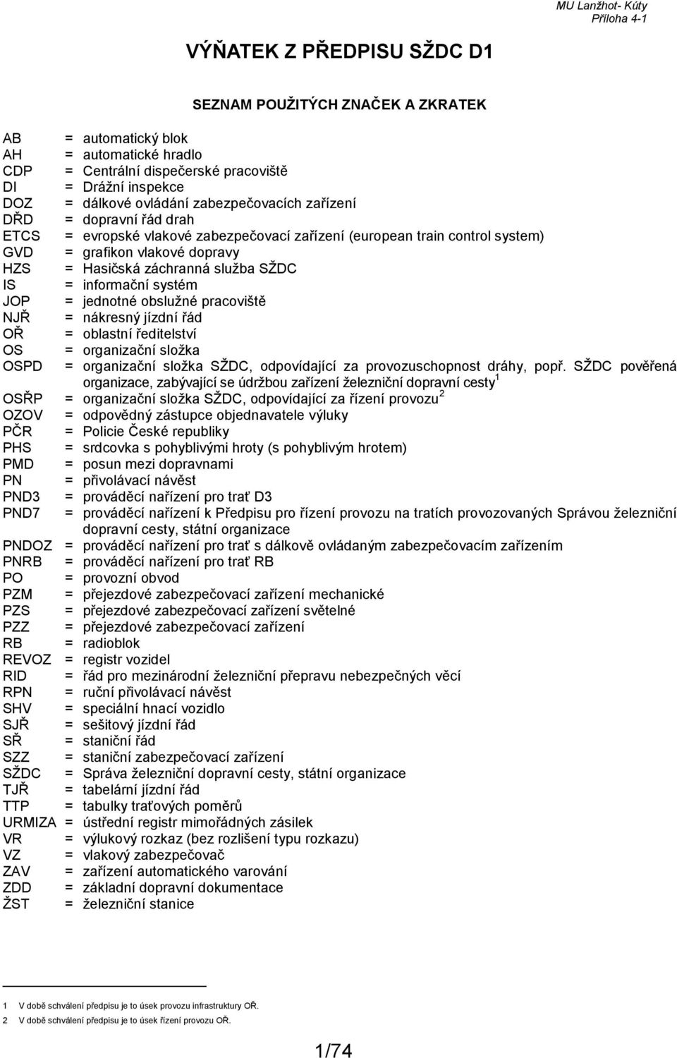 = informační systém JOP = jednotné obslužné pracoviště NJŘ = nákresný jízdní řád OŘ = oblastní ředitelství OS = organizační složka OSPD = organizační složka SŽDC, odpovídající za provozuschopnost