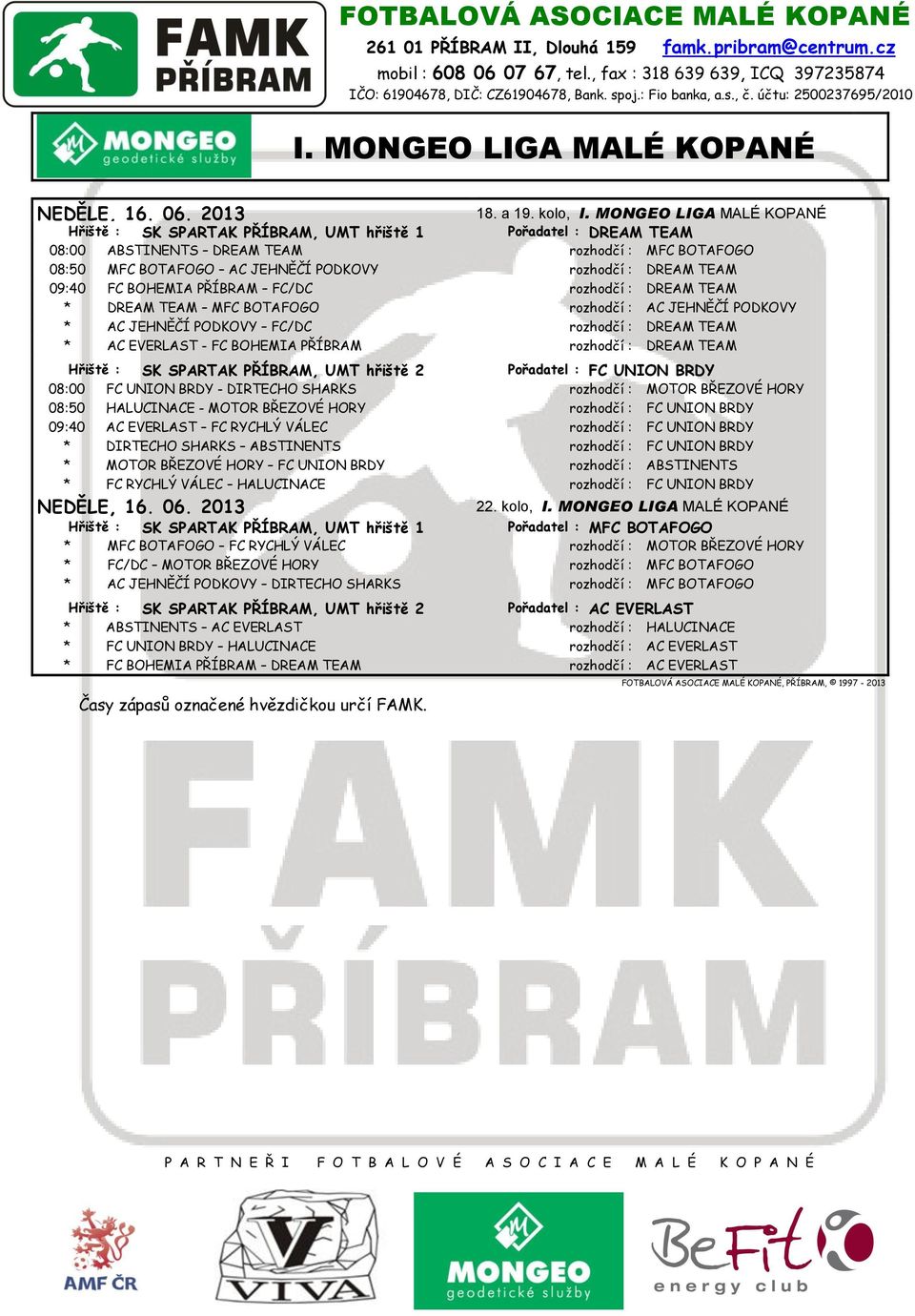 PŘÍBRAM FC/DC rozhodčí : DREAM TEAM * DREAM TEAM MFC BOTAFOGO rozhodčí : AC JEHNĚČÍ PODKOVY * AC JEHNĚČÍ PODKOVY FC/DC rozhodčí : DREAM TEAM * AC EVERLAST - FC BOHEMIA PŘÍBRAM rozhodčí : DREAM TEAM