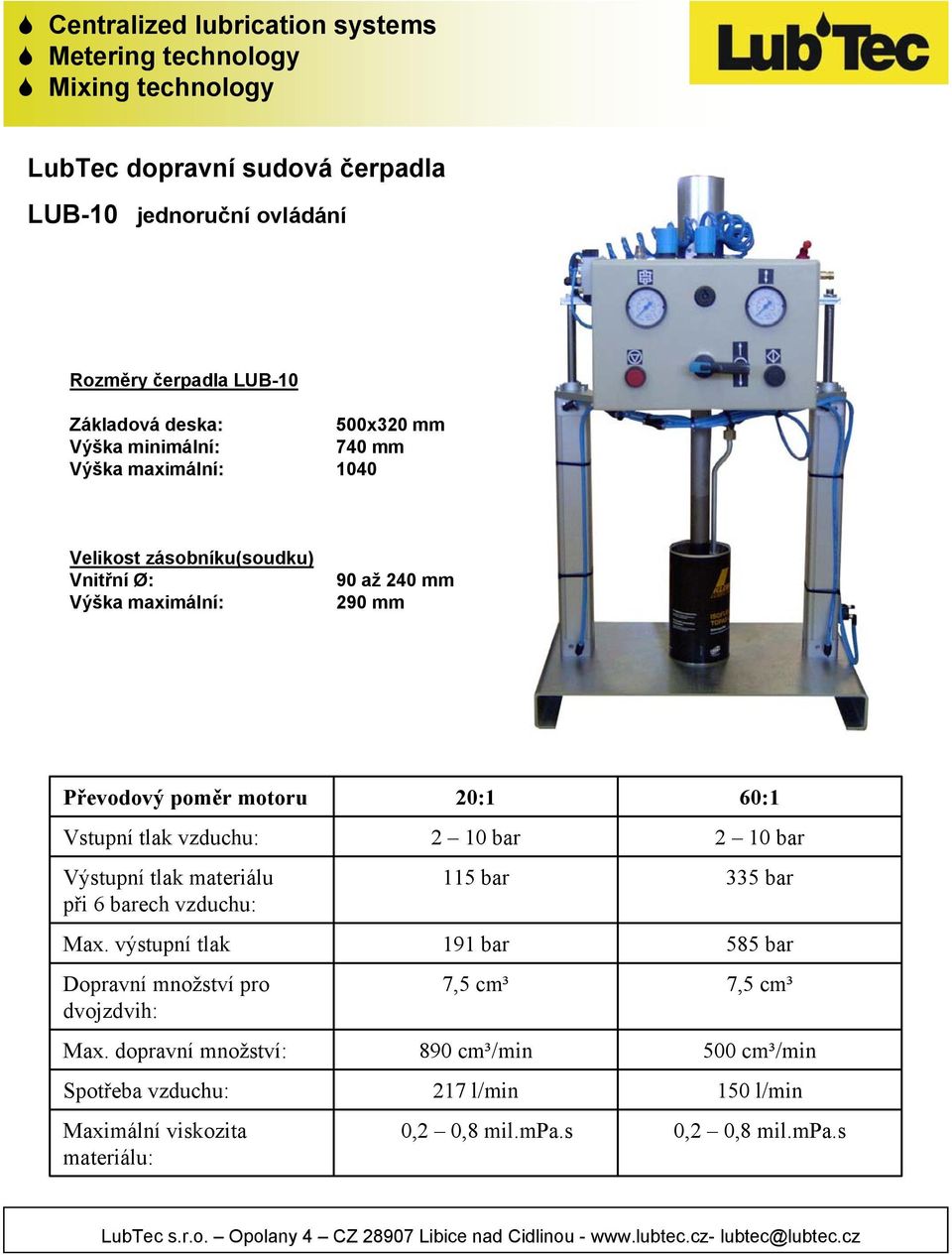 materiálu při 6 barech vzduchu: 20:1 115 bar 191 bar 7,5 cm³ 890 cm³/min 217