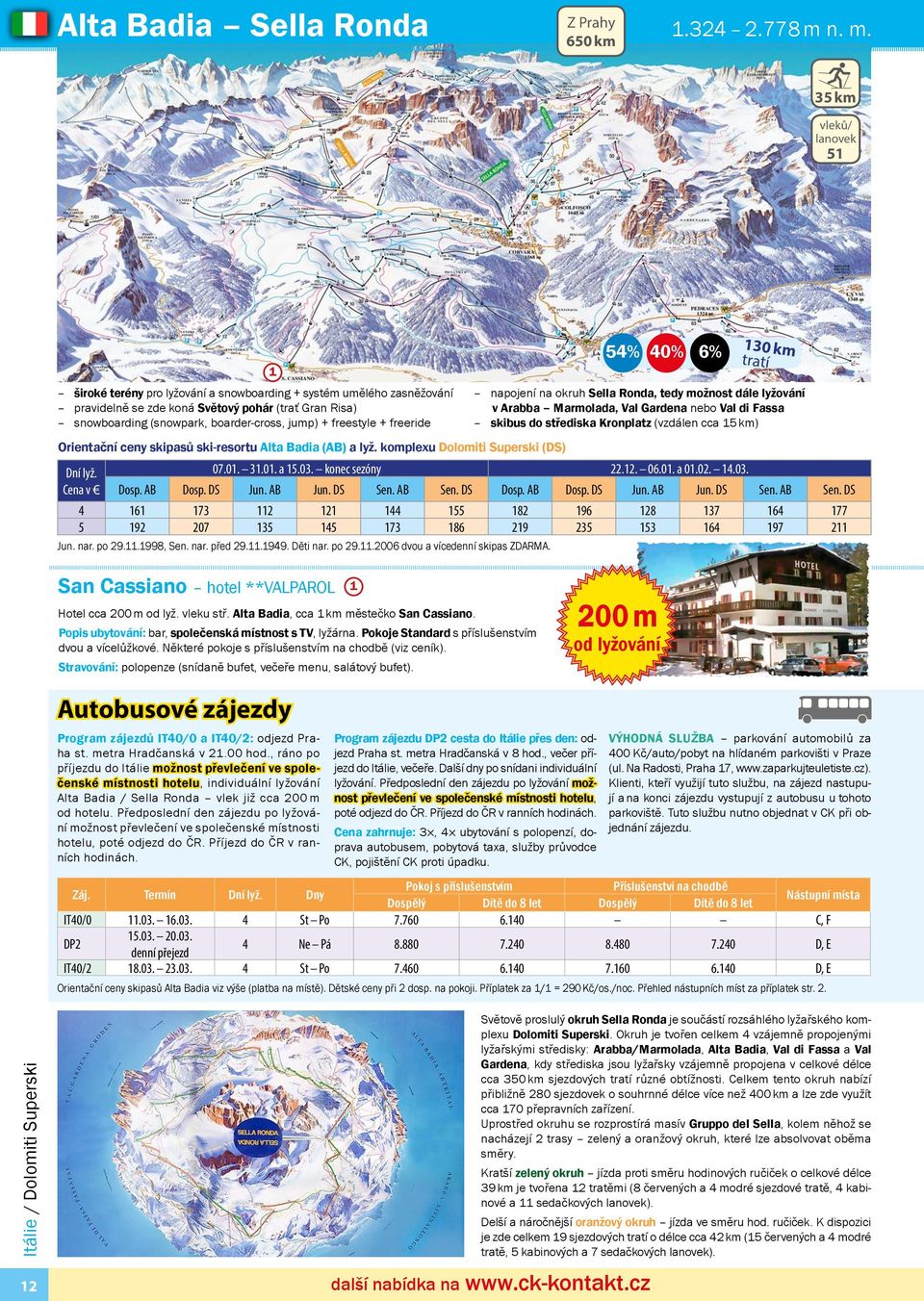 jump) + freestyle + freeride Orientační ceny skipasů ski-resortu Alta Badia (AB) a lyž. komplexu Dolomiti Superski (DS) Dní lyž. Cena v 54% 40% 6% 07.0. 3.0. a 5.03. konec sezóny 22.2. 06.0. a 0.02.