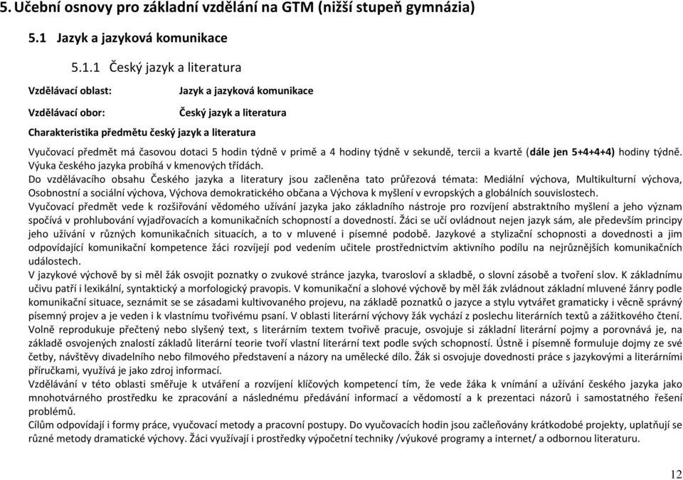1 Český jazyk a literatura Vzdělávací oblast: Jazyk a jazyková komunikace Vzdělávací obor: Český jazyk a literatura Charakteristika předmětu český jazyk a literatura Vyučovací předmět má časovou