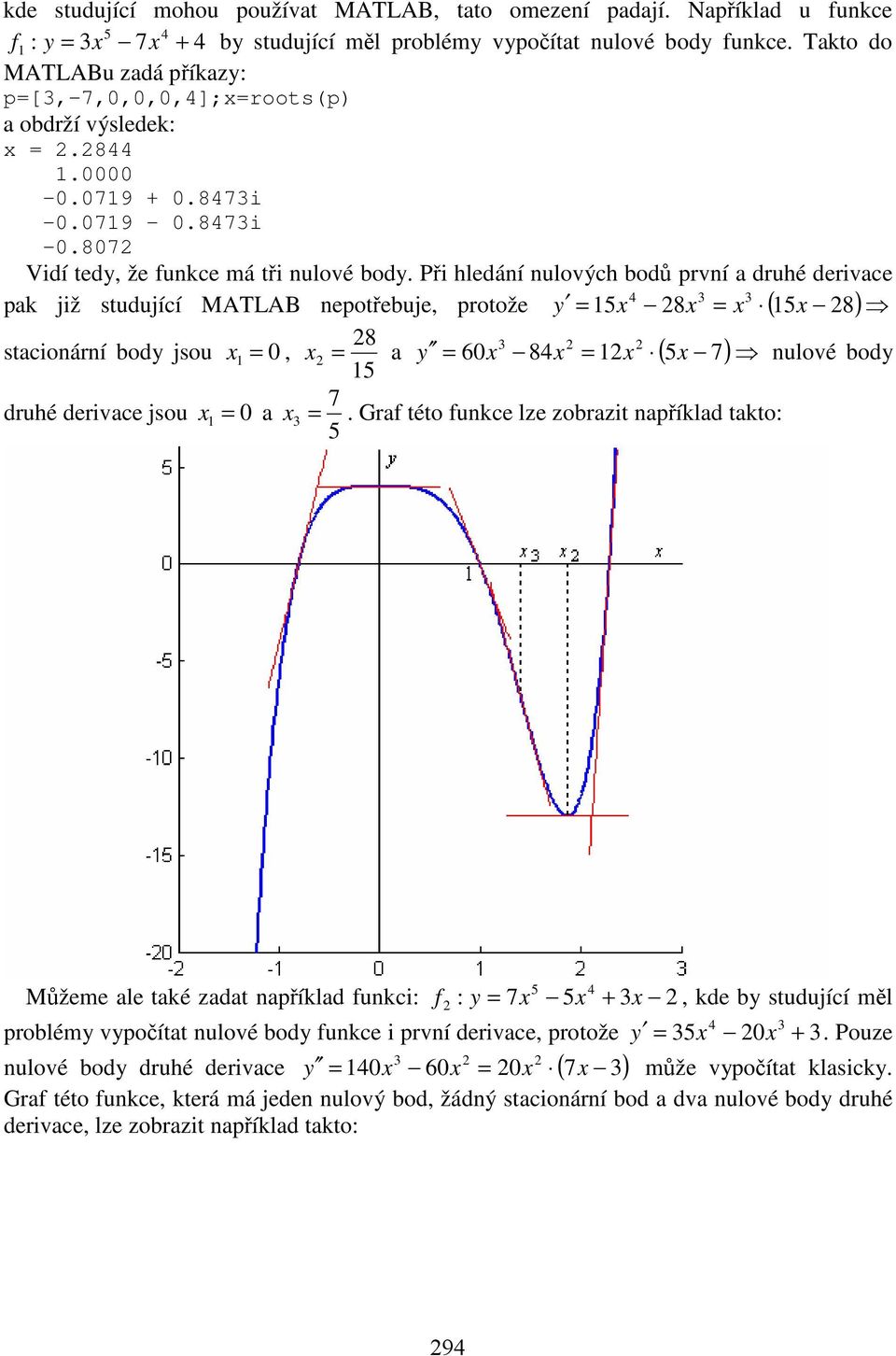 Při hledání nulových bodů první a druhé derivace 4 pak již studující MATLAB nepotřebuje, protože y = 5 8 = ( 5 8) stacionární body jsou = 0, = 8 5 a = 60 84 = y ( 5 7) nulové body druhé derivace jsou