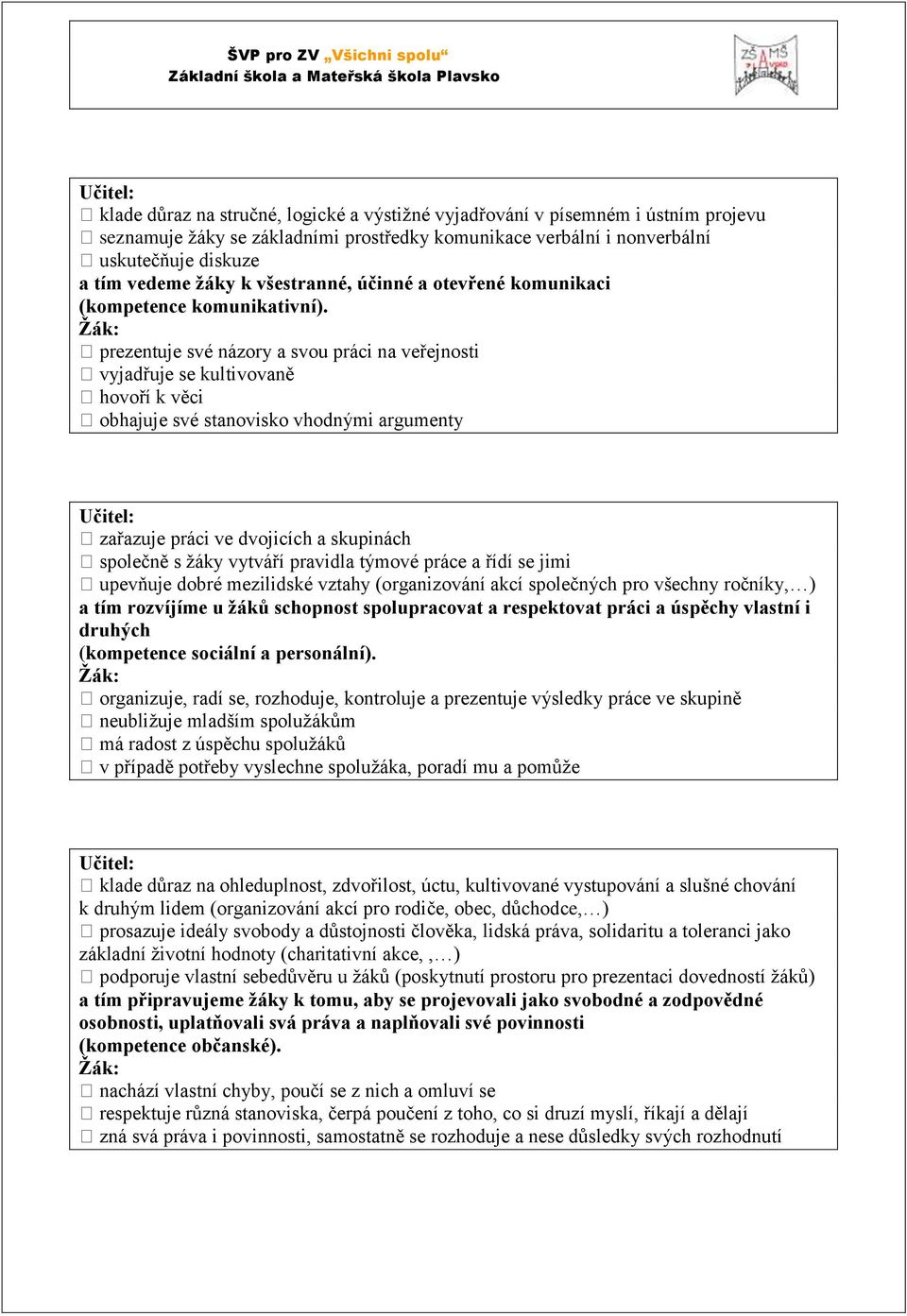 Žák: prezentuje své názory a svou práci na veřejnosti vyjadřuje se kultivovaně hovoří k věci obhajuje své stanovisko vhodnými argumenty Učitel: zařazuje práci ve dvojicích a skupinách společně s žáky