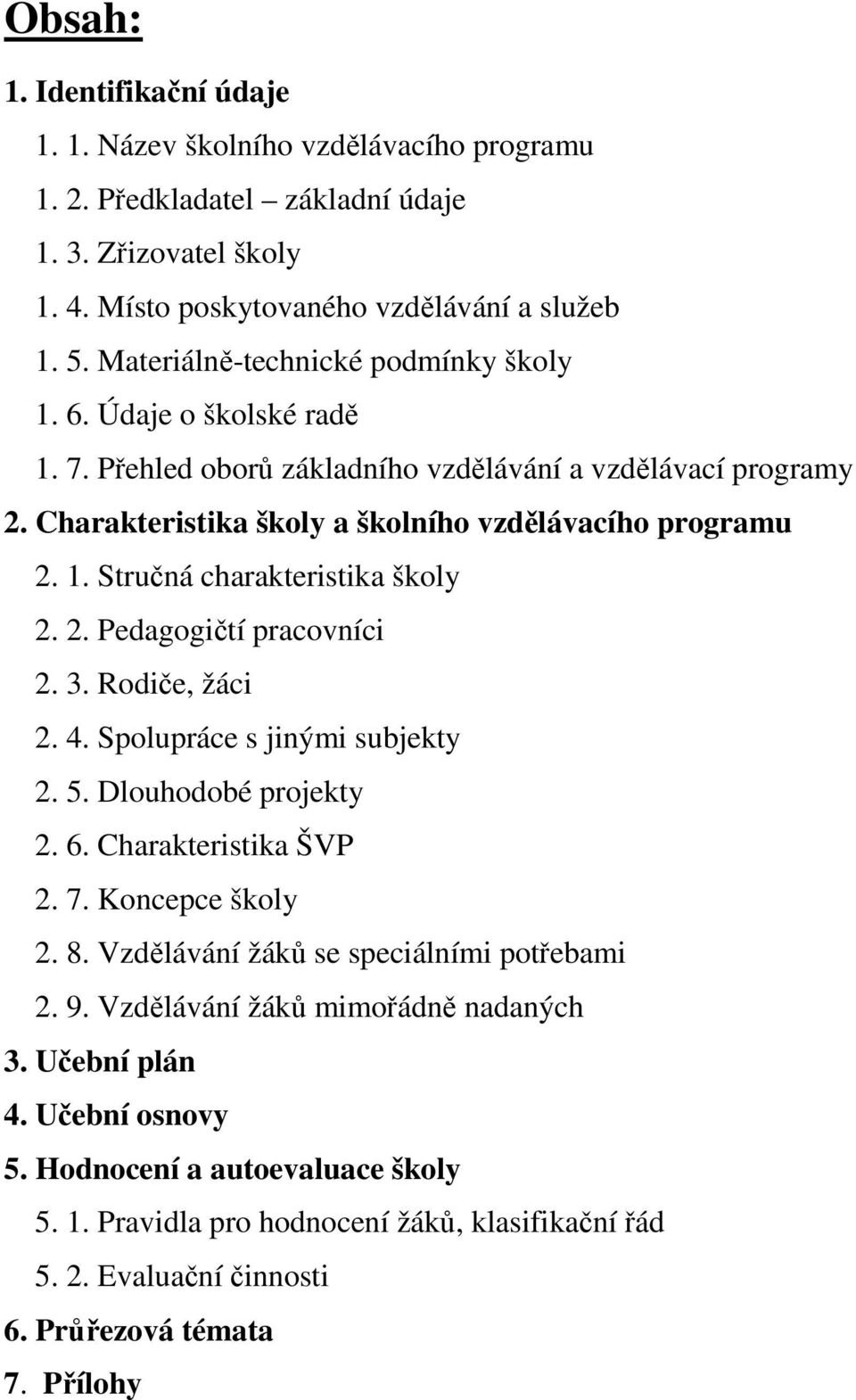 2. Pedagogičtí pracovníci 2. 3. Rodiče, žáci 2. 4. Spolupráce s jinými subjekty 2. 5. Dlouhodobé projekty 2. 6. Charakteristika ŠVP 2. 7. Koncepce školy 2. 8.