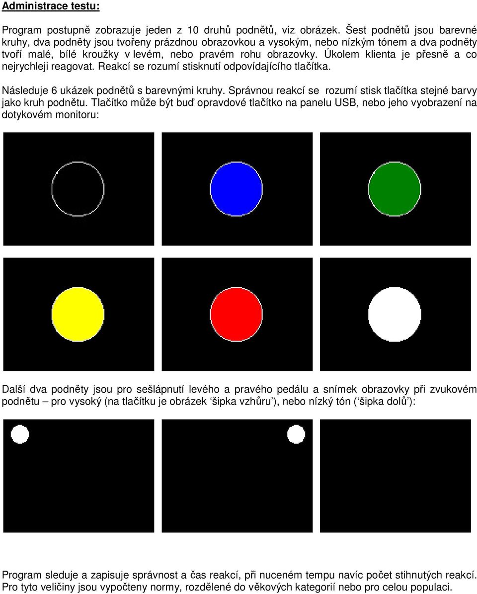 Úkolem klienta je přesně a co nejrychleji reagovat. Reakcí se rozumí stisknutí odpovídajícího tlačítka. Následuje 6 ukázek podnětů s barevnými kruhy.
