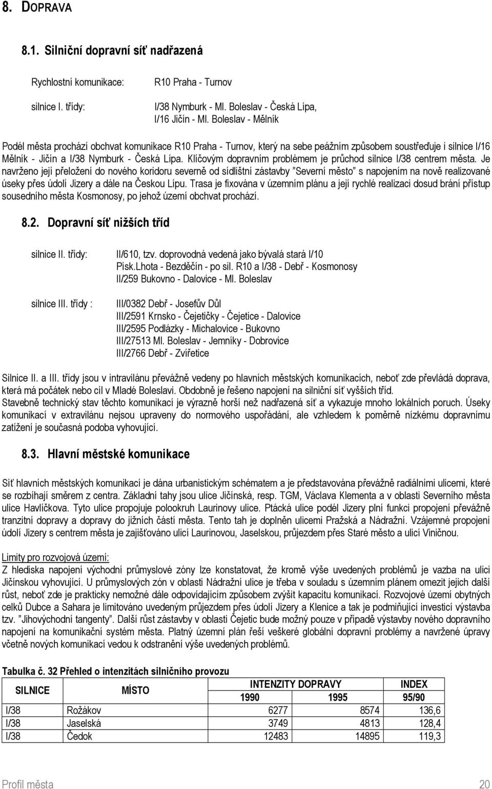 Klíčovým dopravním problémem je průchod silnice I/38 centrem města.