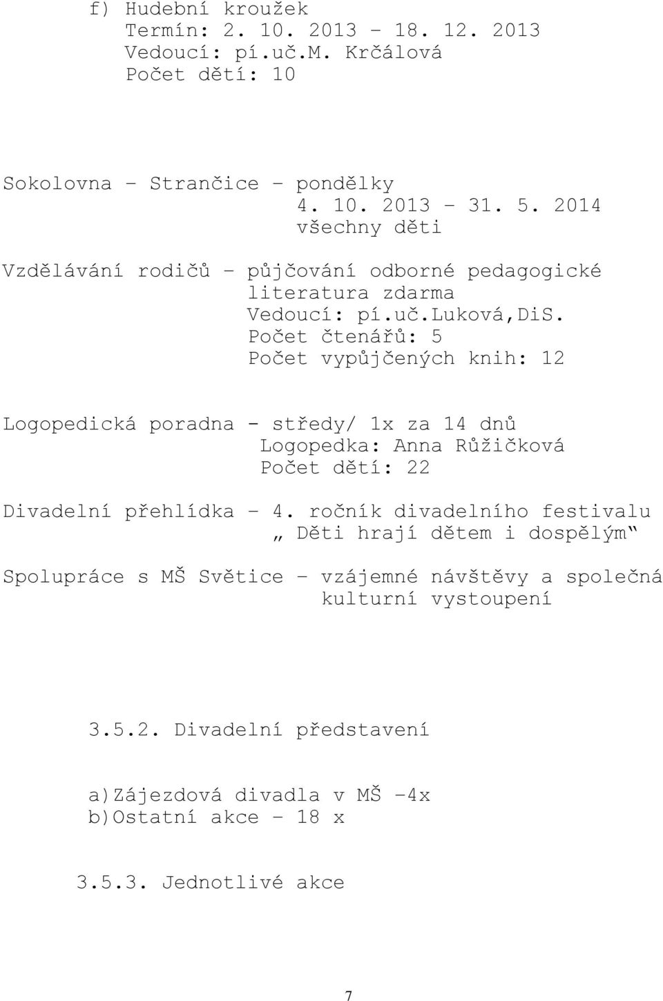 Počet čtenářů: 5 Počet vypůjčených knih: 12 Logopedická poradna - středy/ 1x za 14 dnů Logopedka: Anna Růžičková Počet dětí: 22 Divadelní přehlídka 4.