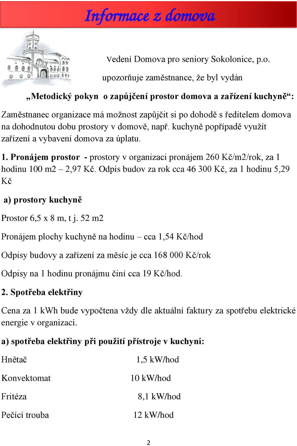 Pronájem prostor - prostory v organizaci pronájem 260 Kč/m2/rok, za 1 hodinu 100 m2 2,97 Kč. Odpis budov za rok cca 46 300 Kč, za 1 hodinu 5,29 Kč a) prostory kuchyně Prostor 6,5 x 8 m, t j.