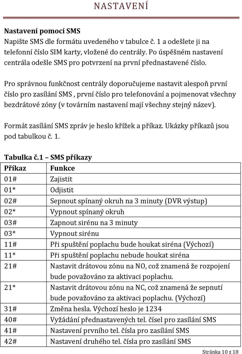 Pro správnou funkčnost centrály doporučujeme nastavit alespoň první číslo pro zasílání SMS, první číslo pro telefonování a pojmenovat všechny bezdrátové zóny (v továrním nastavení mají všechny stejný