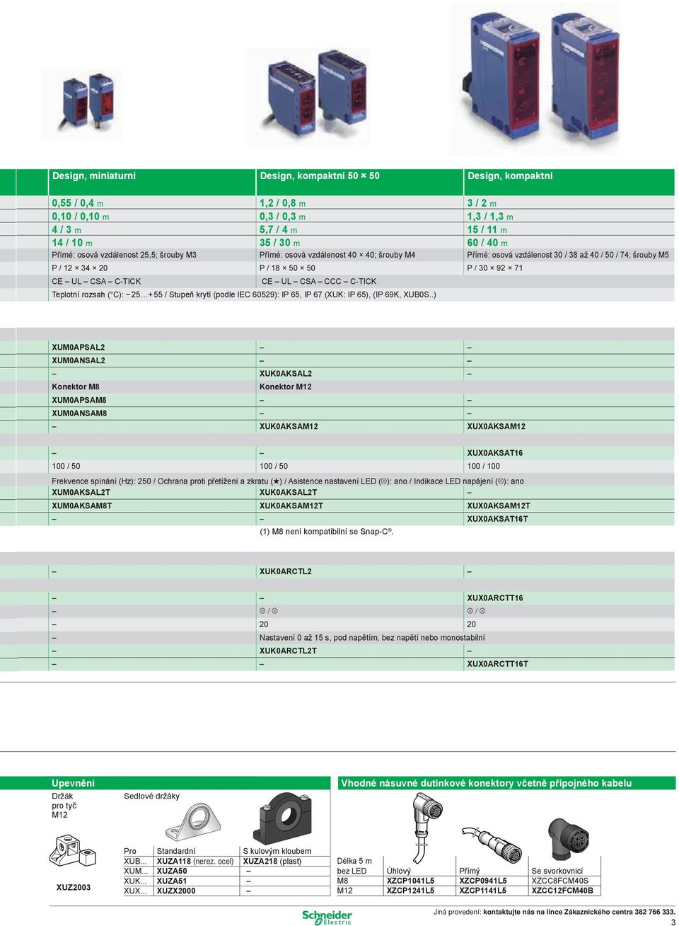 C-TICK Teplotní rozsah ( C): 25 + 55 / Stupeň krytí (podle IEC 60529): IP 65, IP 67 (XUK: IP 65), (IP 69K, XUB0S.