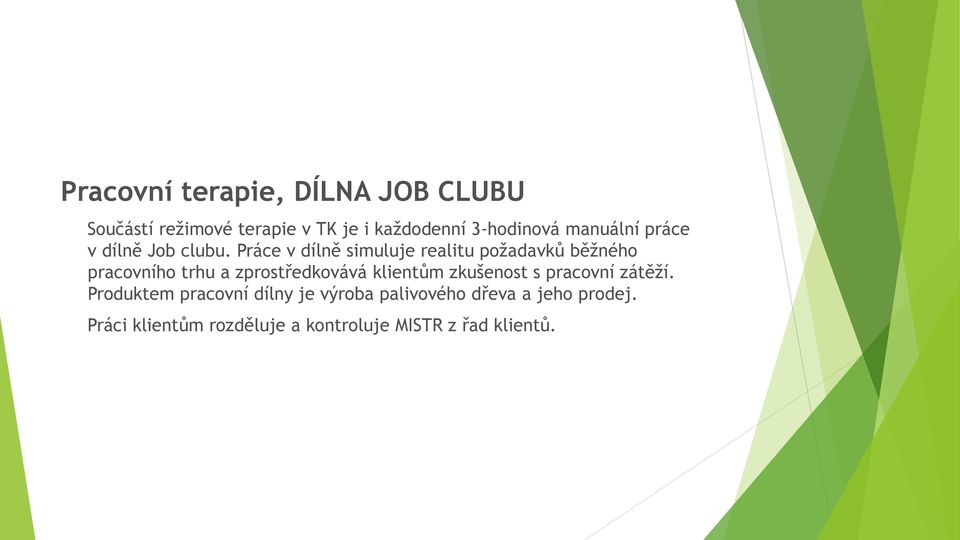 Práce v dílně simuluje realitu požadavků běžného pracovního trhu a zprostředkovává klientům