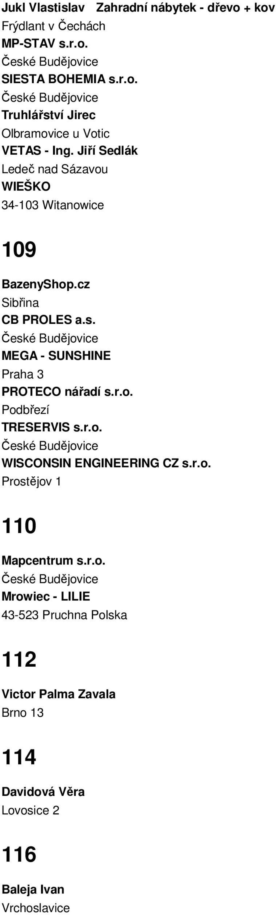MEGA - SUNSHINE Praha 3 PROTECO nářadí s.r.o. Podbřezí TRESERVIS s.r.o. WISCONSIN ENGINEERING CZ s.r.o. Prostějov 1 110 Mapcentrum s.