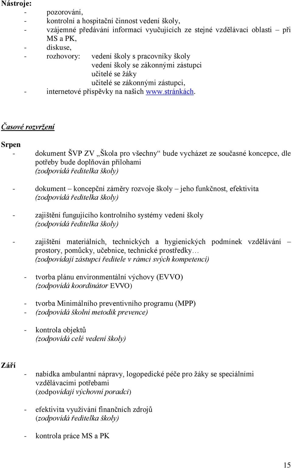 Časové rozvržení Srpen - dokument ŠVP ZV Škola pro všechny bude vycházet ze současné koncepce, dle potřeby bude doplňován přílohami (zodpovídá ředitelka školy) - dokument koncepční záměry rozvoje