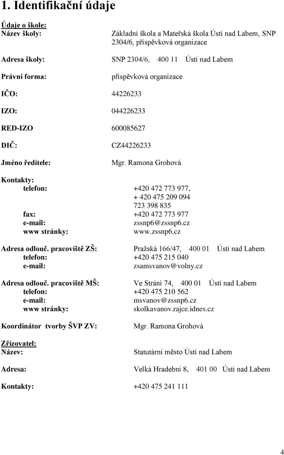 Ramona Grohová Kontakty: telefon: +420 472 773 977, + 420 475 209 094 723 398 835 fax: +420 472 773 977 e-mail: zssnp6@zssnp6.cz www stránky: www.zssnp6.cz Adresa odlouč.