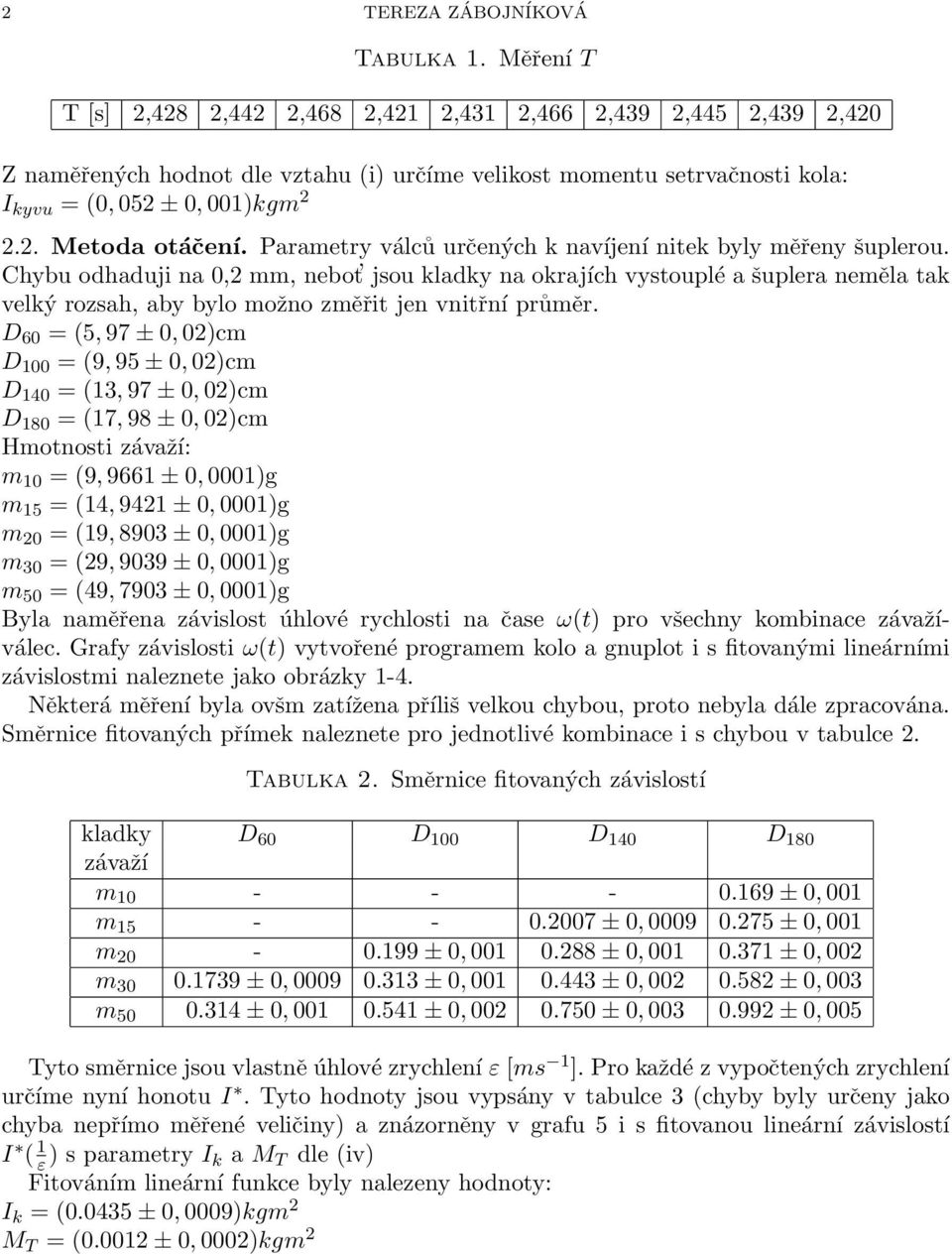 Parametry válců určených k navíjení nitek byly měřeny šuplerou.