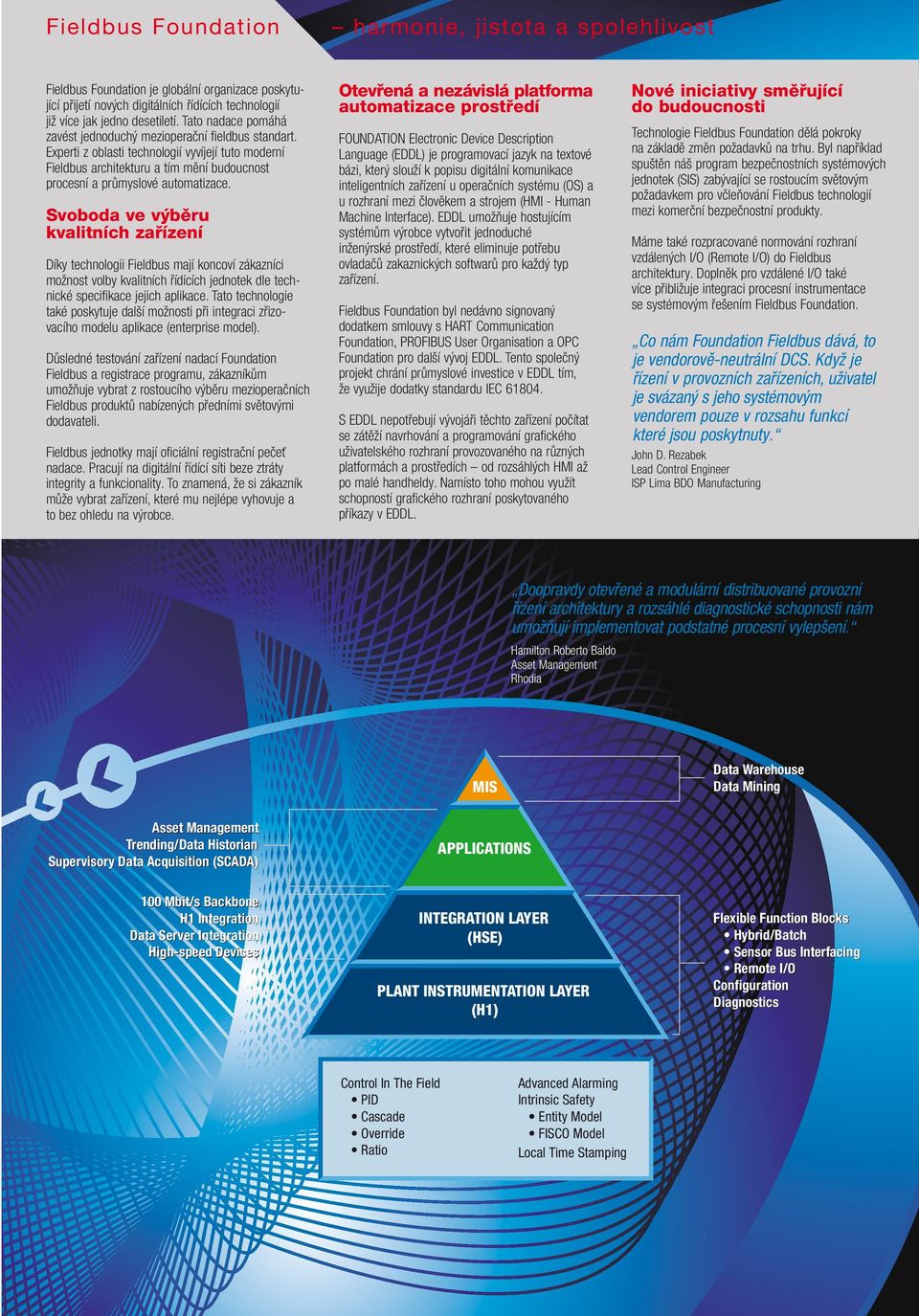 Svoboda ve výběru kvalitních zařízení Díky technologii Fieldbus mají koncoví zákazníci možnost volby kvalitních řídících jednotek dle technické specifikace jejich aplikace.