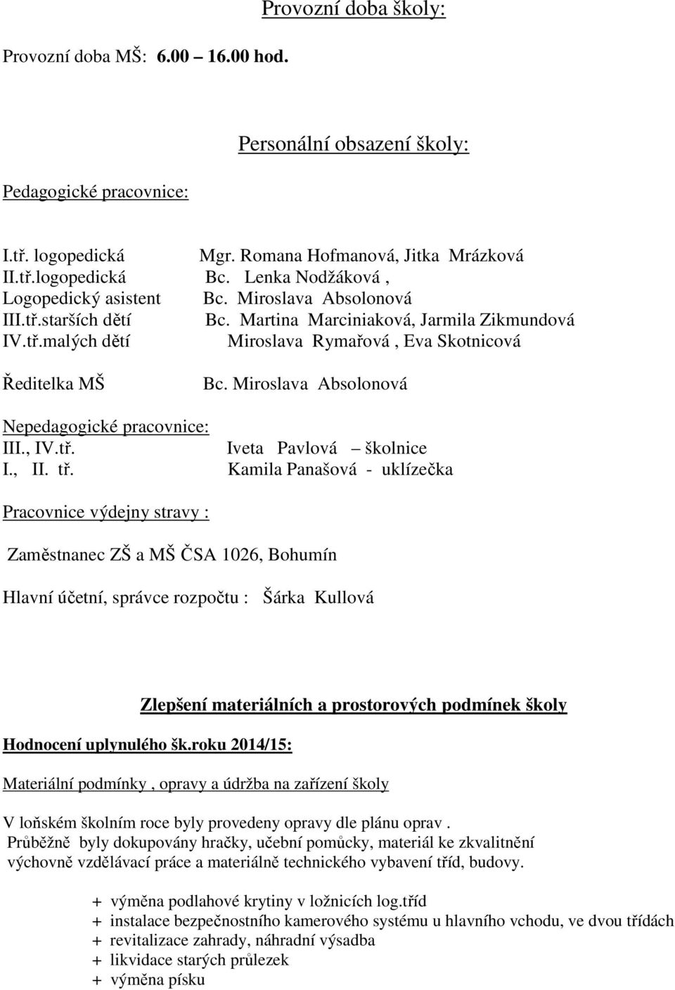 Miroslava Absolonová Nepedagogické pracovnice: III., IV.tř. I., II. tř.