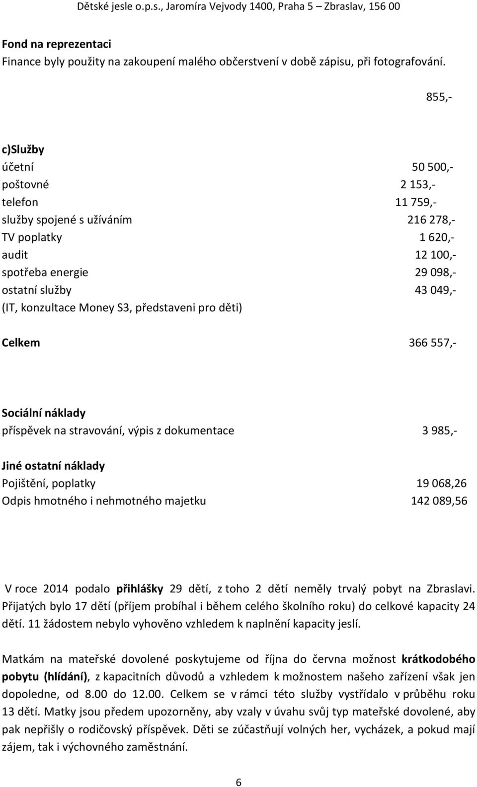 konzultace Money S3, představeni pro děti) Celkem 366 557,- Sociální náklady příspěvek na stravování, výpis z dokumentace 3 985,- Jiné ostatní náklady Pojištění, poplatky 19 068,26 Odpis hmotného i