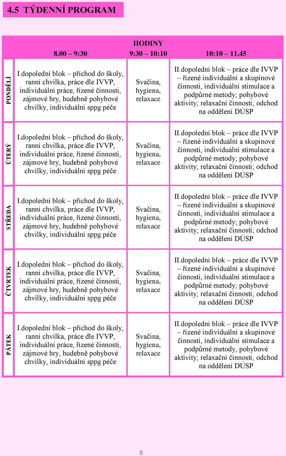 dopolední blok práce dle IVVP řízené individuální a skupinové činnosti, individuální stimulace a podpůrné metody; pohybové aktivity; relaxační činnosti; odchod na oddělení DÚSP I.