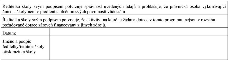 Ředitelka školy svým podpisem potvrzuje, že aktivity, na které je žádána dotace v tomto programu, nejsou