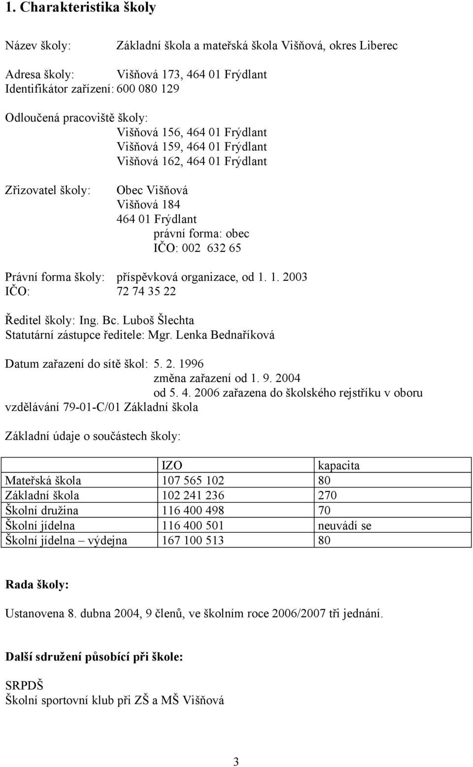 školy: příspěvková organizace, od 1. 1. 2003 IČO: 72 74 35 22 Ředitel školy: Ing. Bc. Luboš Šlechta Statutární zástupce ředitele: Mgr. Lenka Bednaříková Datum zařazení do sítě škol: 5. 2. 1996 změna zařazení od 1.