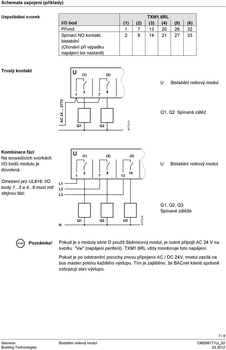 modul 1 2 7 8 Q1, Q2 Spínaná zátěţ Q1 Q2 Kombinace fází Na sousedících svorkách I/O bodů modulu je dovolená. Omezení pro UL916: I/O body 1...3 a 4...6 musí mít stejnou fázi.