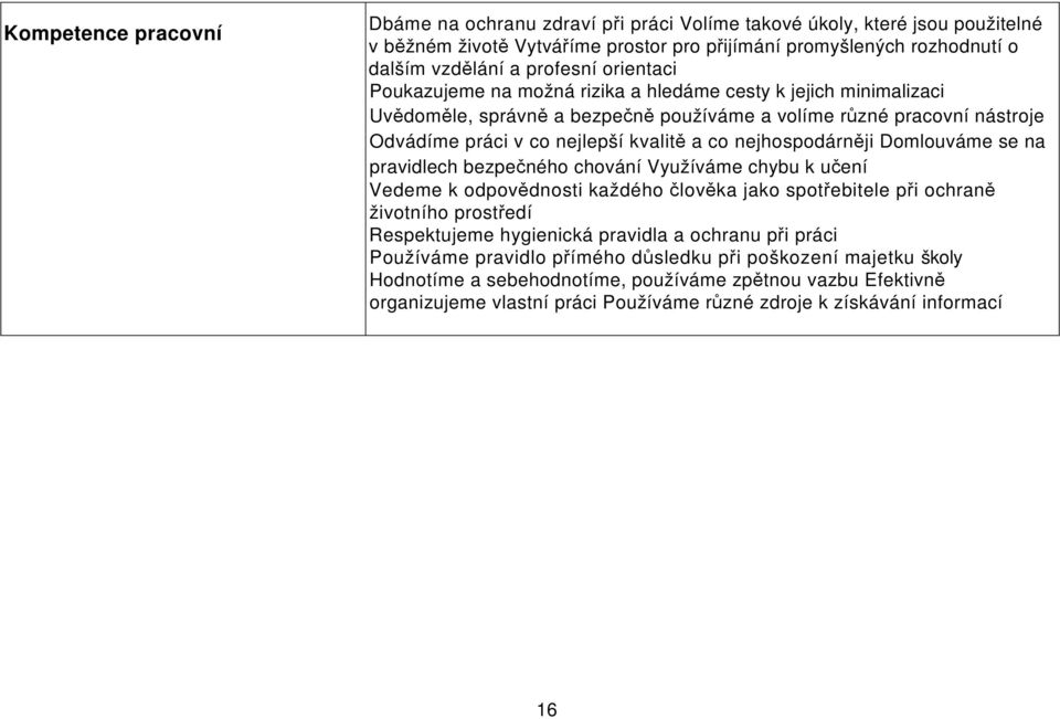 nejhospodárněji Domlouváme se na pravidlech bezpečného chování Využíváme chybu k učení Vedeme k odpovědnosti každého člověka jako spotřebitele při ochraně životního prostředí Respektujeme hygienická