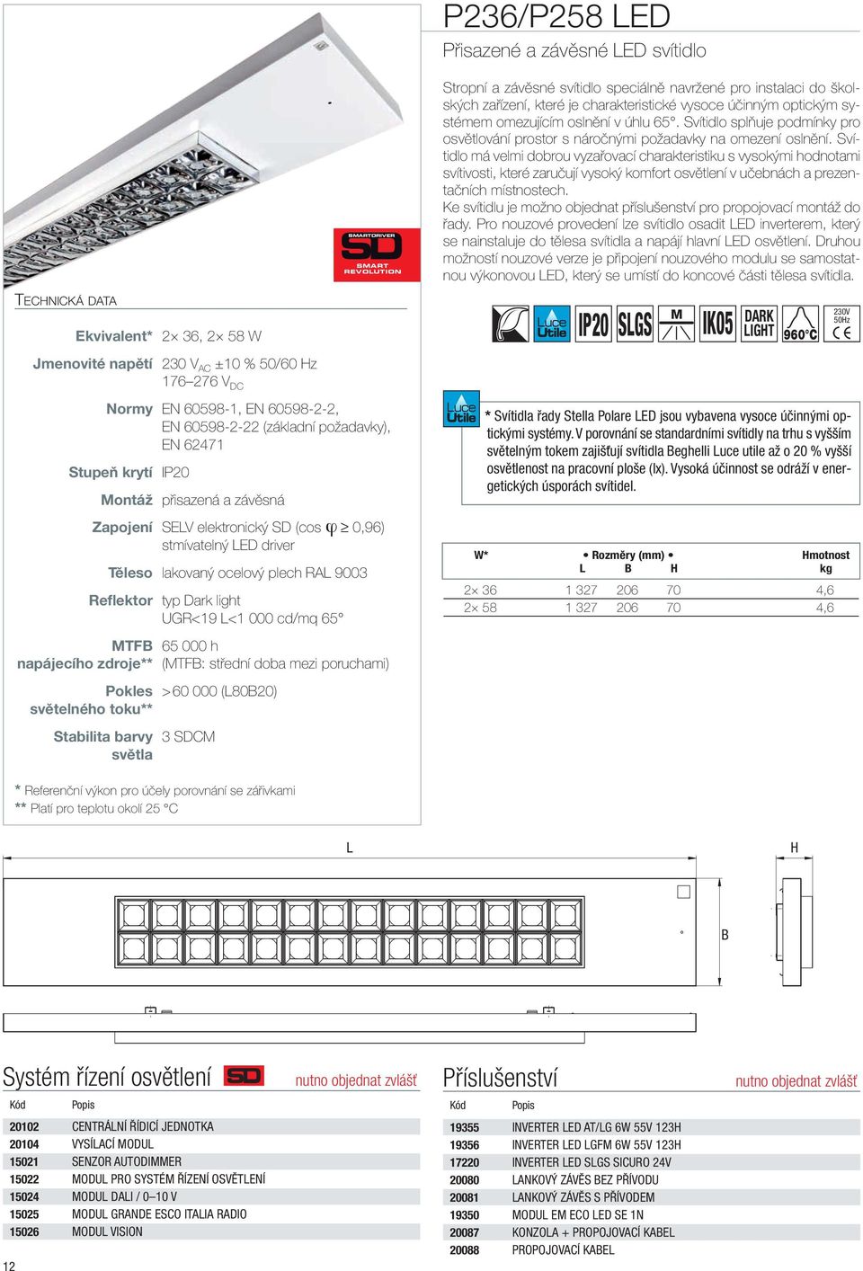 9003 Reflektor typ Dark light UGR<19 L<1 000 cd/mq 65 MTFB 65 000 h napájecího zdroje** (MTFB: střední doba mezi poruchami) Pokles > 60 000 (L80B20) světelného toku** Stabilita barvy 3 SDCM světla