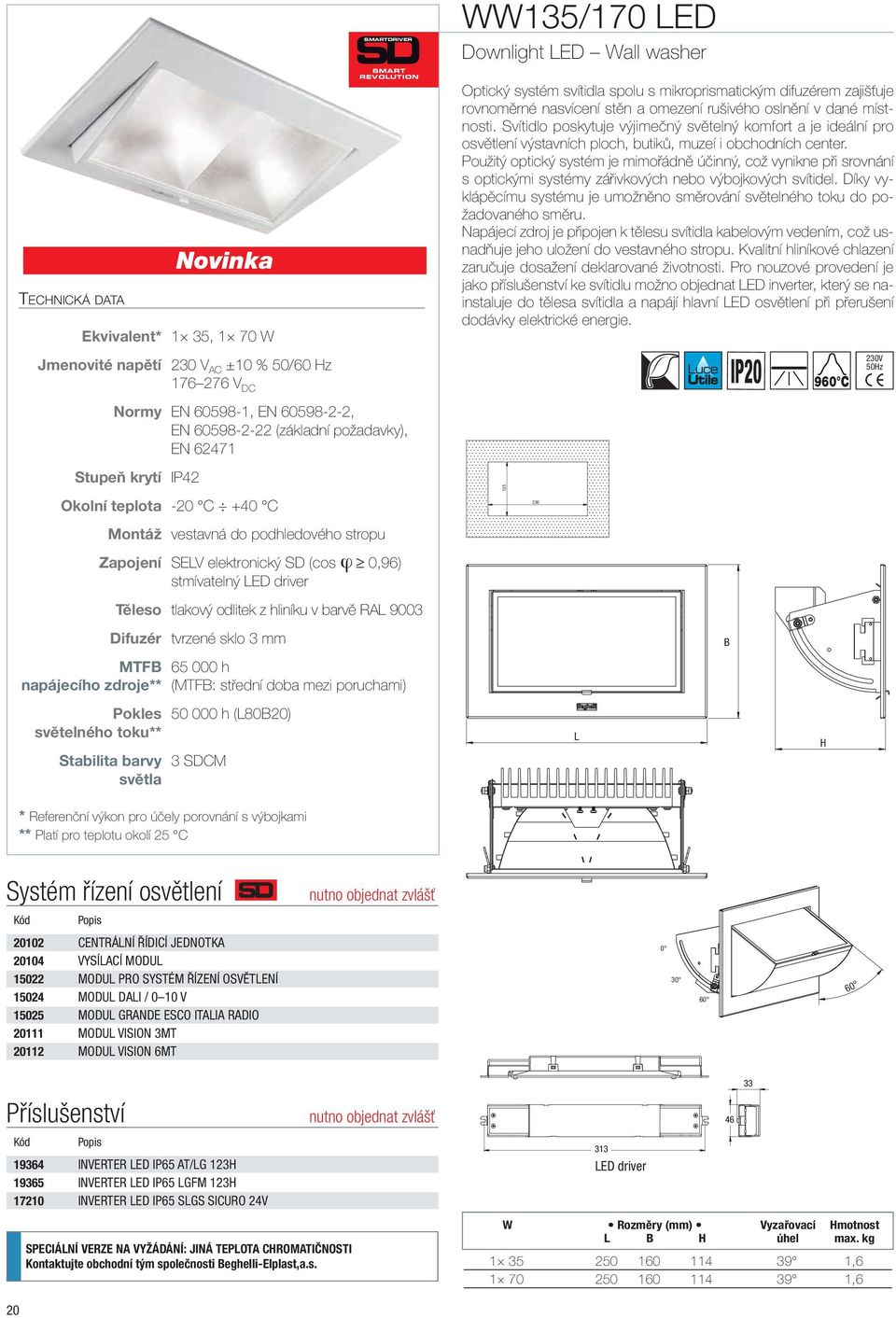 Difuzér tvrzené sklo 3 mm MTFB 65 000 h napájecího zdroje** (MTFB: střední doba mezi poruchami) Pokles 50 000 h (L80B20) světelného toku** Stabilita barvy 3 SDCM světla WW135/170 LED Downlight LED