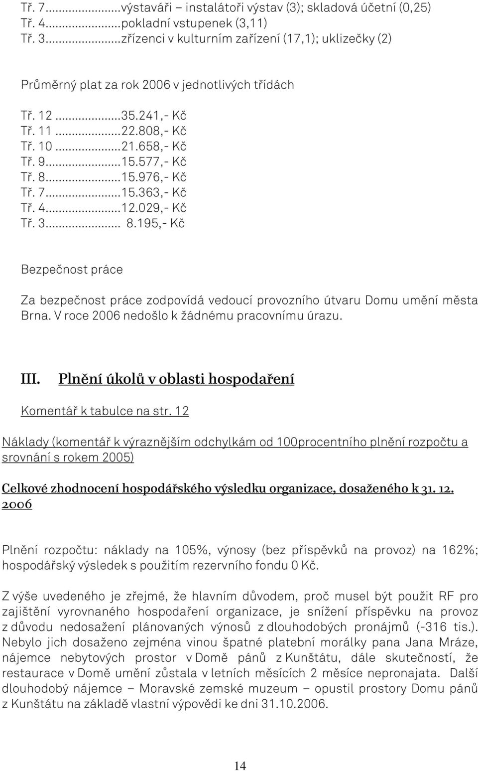 .. 15.976,- Kč Tř. 7... 15.363,- Kč Tř. 4... 12.029,- Kč Tř. 3... 8.195,- Kč Bezpečnost práce Za bezpečnost práce zodpovídá vedoucí provozního útvaru Domu umění města Brna.