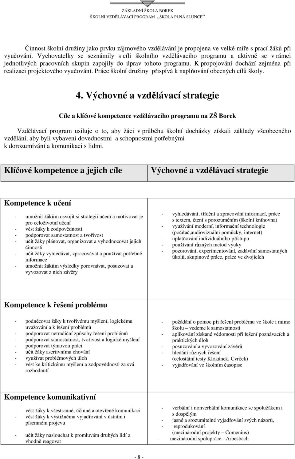 K propojování dochází zejména při realizaci projektového vyučování. Práce školní družiny přispívá k naplňování obecných cílů školy. 4.