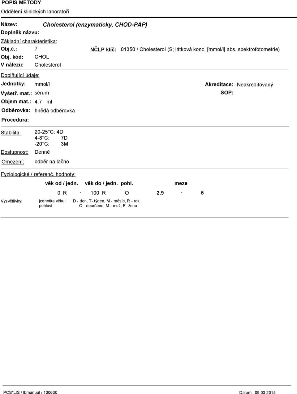 spektrofotometrie) bj. kód: CHL V nálezu: Cholesterol mmol/l sérum 4.