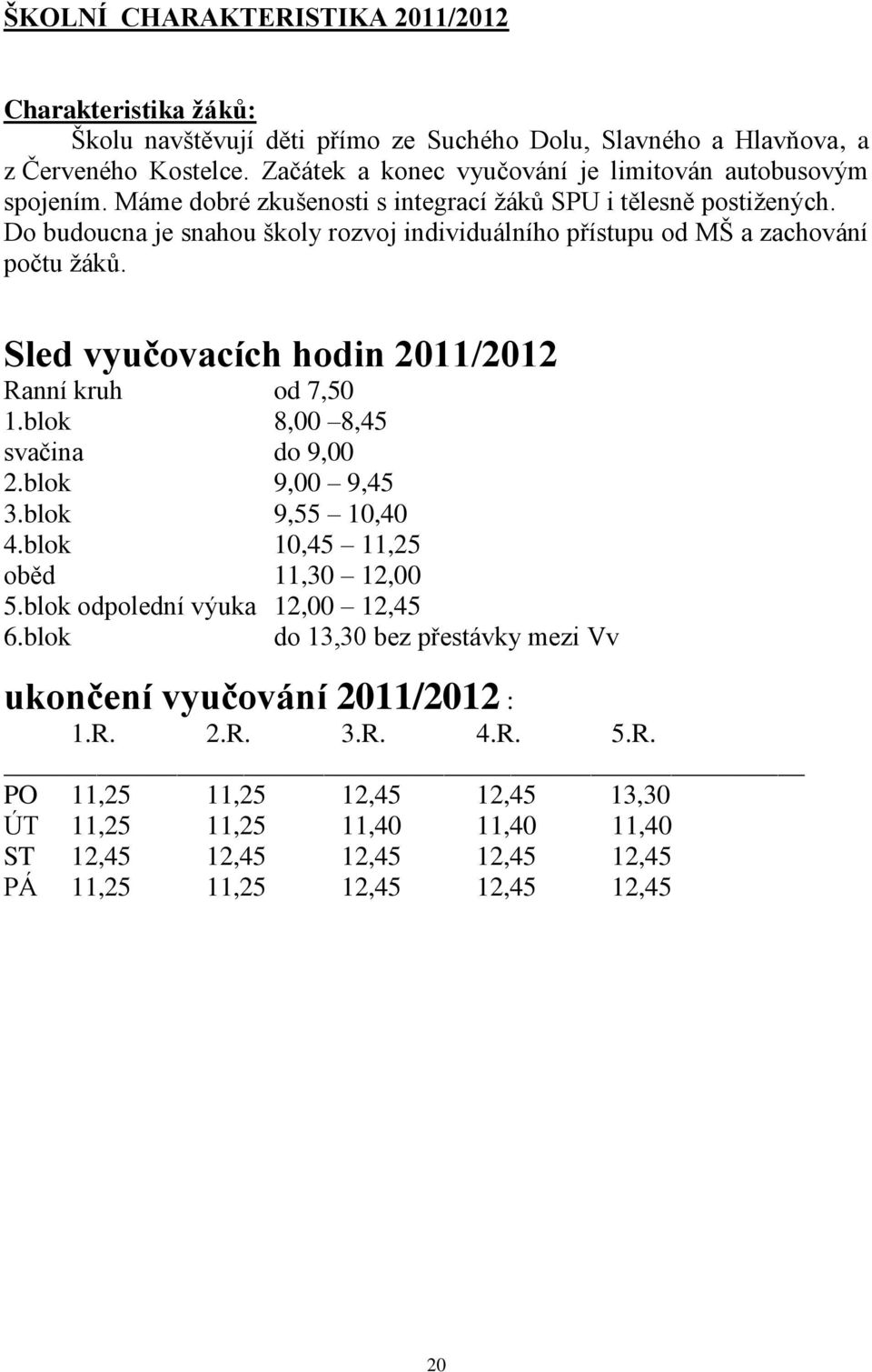 Do budoucna je snahou školy rozvoj individuálního přístupu od MŠ a zachování počtu žáků. Sled vyučovacích hodin 2011/2012 Ranní kruh od 7,50 1.blok 8,00 8,45 svačina do 9,00 2.blok 9,00 9,45 3.