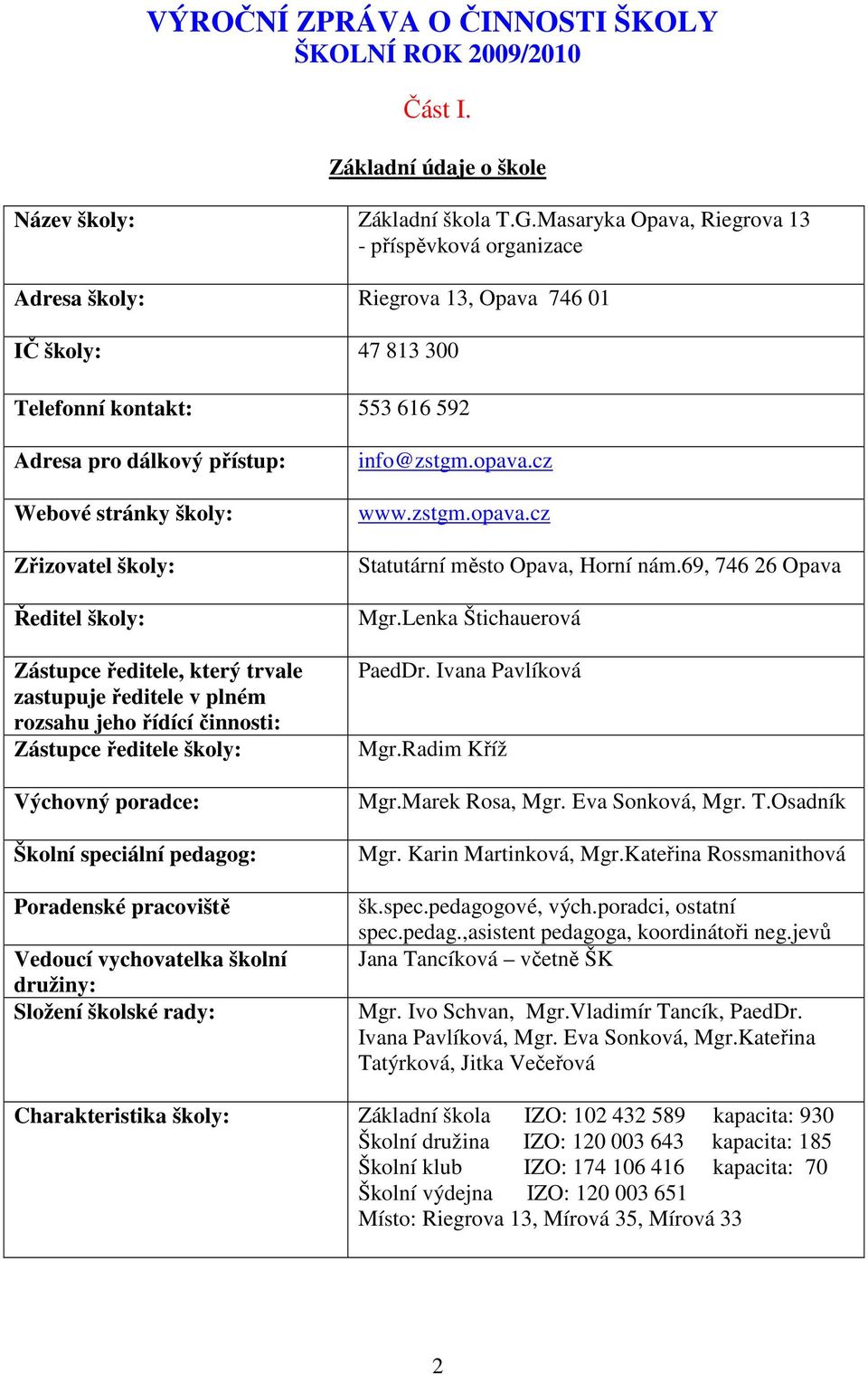 Zřizovatel školy: Ředitel školy: Zástupce ředitele, který trvale zastupuje ředitele v plném rozsahu jeho řídící činnosti: Zástupce ředitele školy: Výchovný poradce: Školní speciální pedagog: