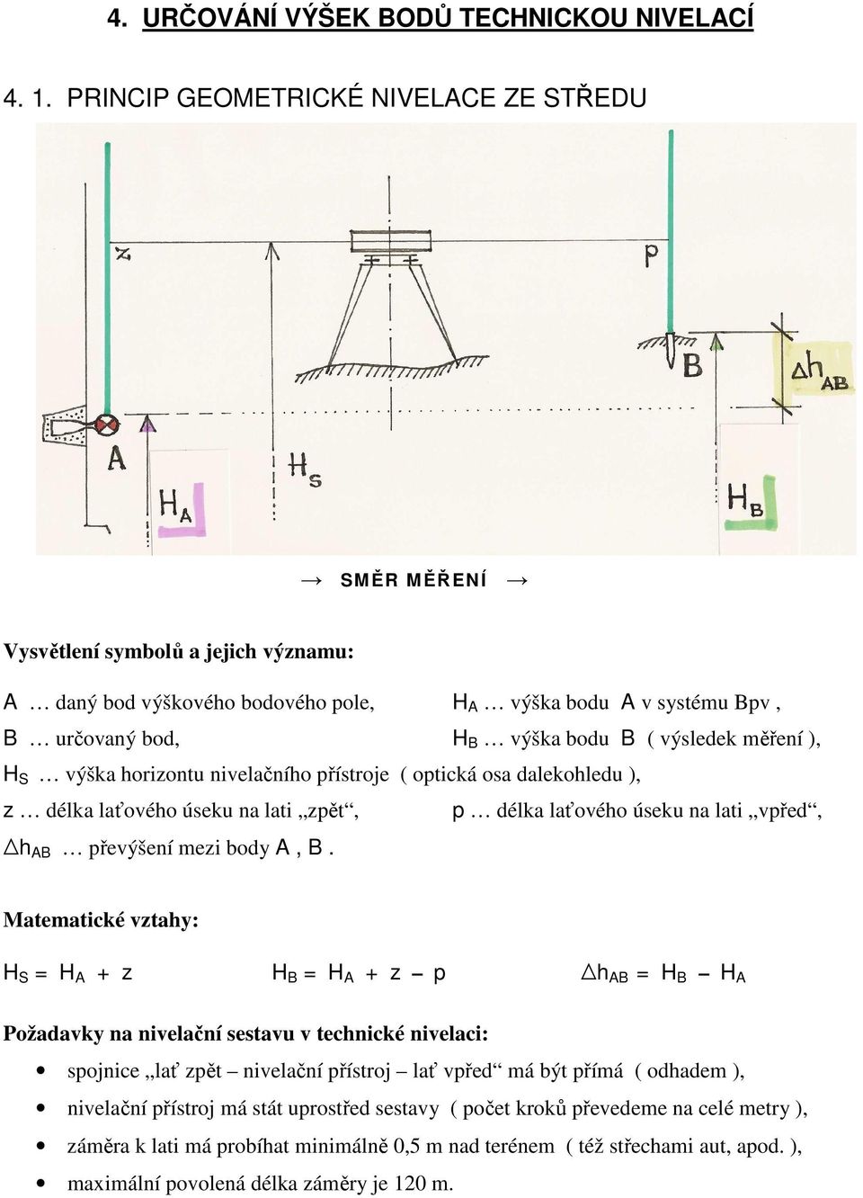 měření ), H S výška horizontu nivelačního přístroje ( optická osa dalekohledu ), z délka laťového úseku na lati zpět, p délka laťového úseku na lati vpřed, h AB převýšení mezi body A, B.