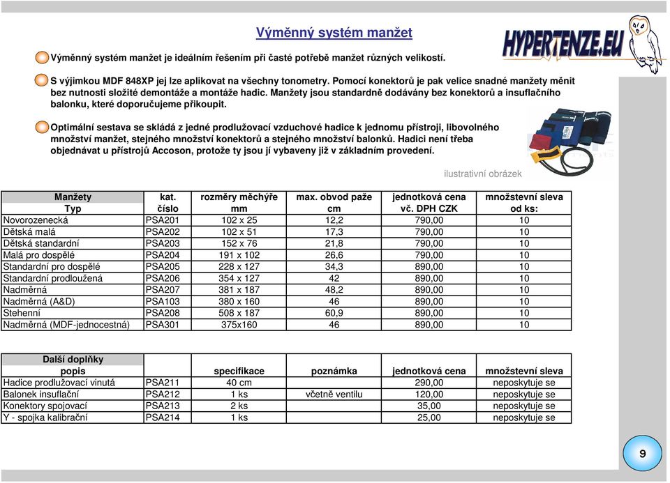 Optimální sestava se skládá z jedné prodlužovací vzduchové hadice k jednomu přístroji, libovolného množství manžet, stejného množství konektorů a stejného množství balonků.