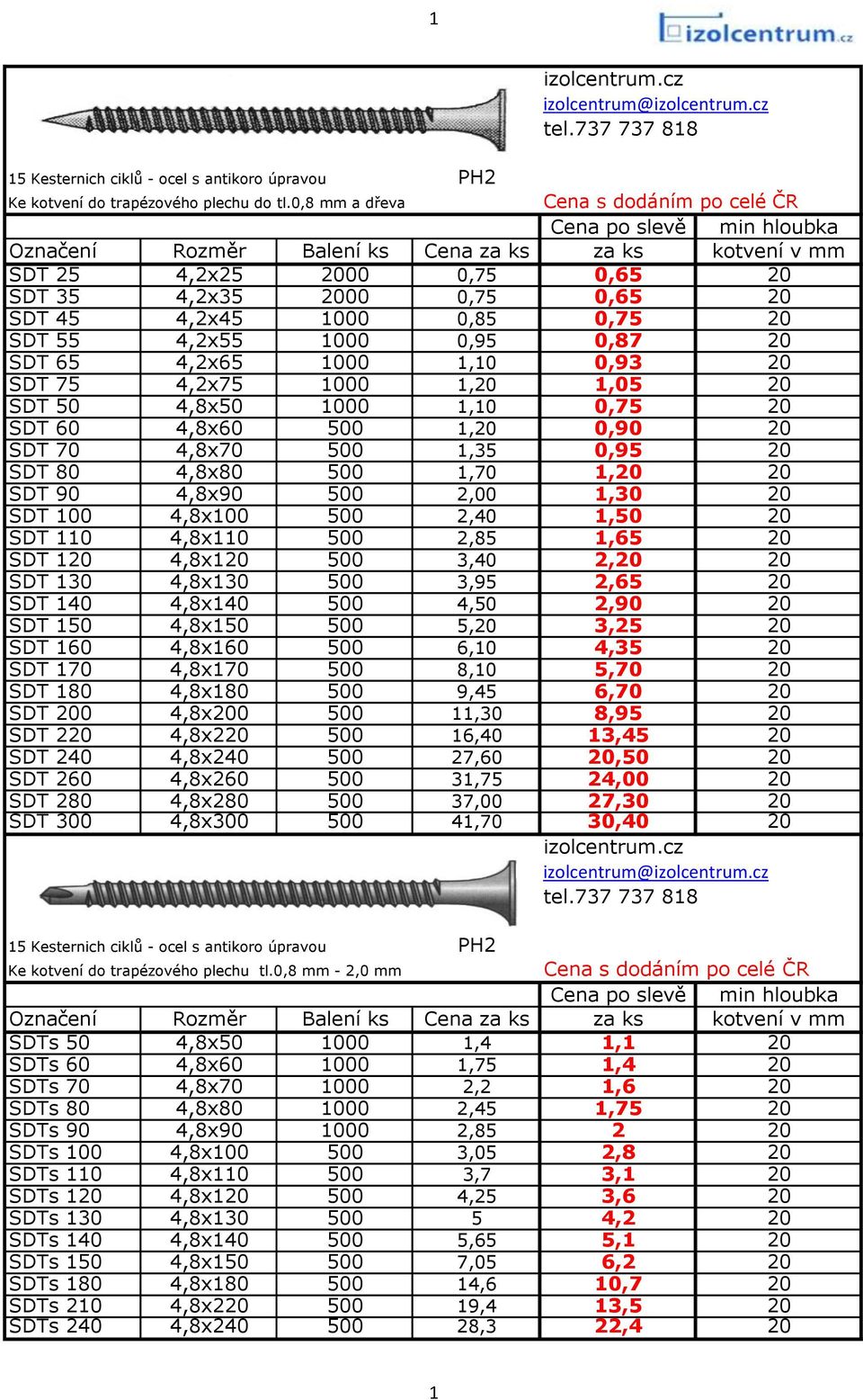 1,05 20 SDT 50 4,8x50 1000 1,10 0,75 20 SDT 60 4,8x60 500 1,20 0,90 20 SDT 70 4,8x70 500 1,35 0,95 20 SDT 80 4,8x80 500 1,70 1,20 20 SDT 90 4,8x90 500 2,00 1,30 20 SDT 100 4,8x100 500 2,40 1,50 20