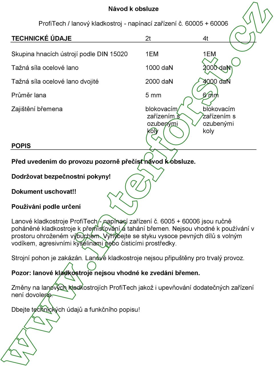 Zajištění břemena blokovacím blokovacím zařízením s zařízením s ozubenými ozubenými koly koly POPIS Před uvedením do provozu pozorně přečíst návod k obsluze. Dodrţovat bezpečnostní pokyny!