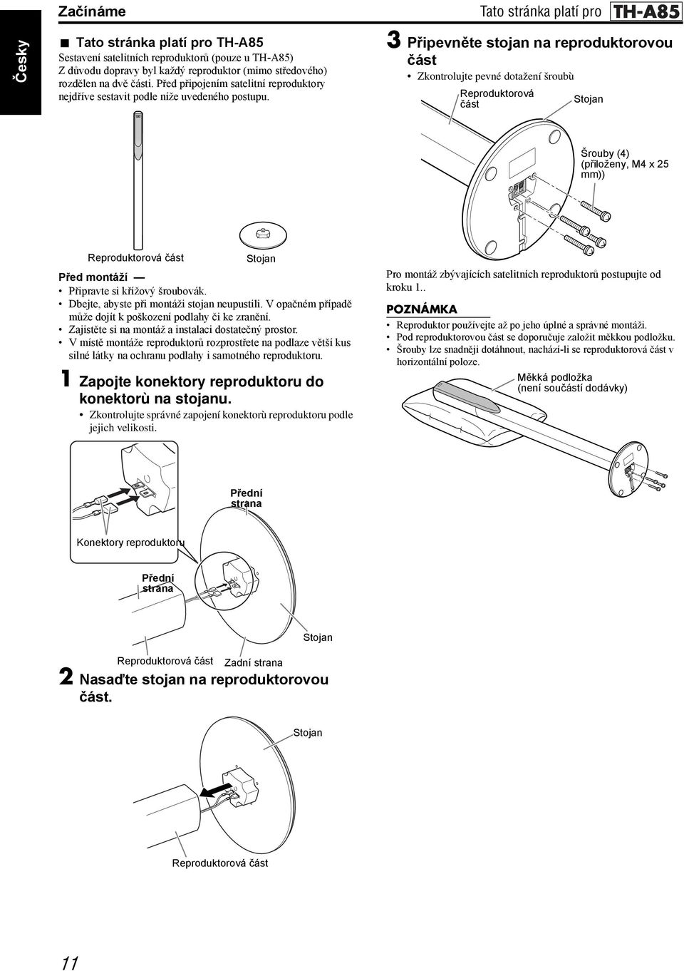 3 Připevněte stojan na reproduktorovou část Zkontrolujte pevné dotažení šroubù Reproduktorová část Stojan Šrouby (4) (přiloženy, M4 x 25 mm)) Reproduktorová část Stojan Před montáží Připravte si