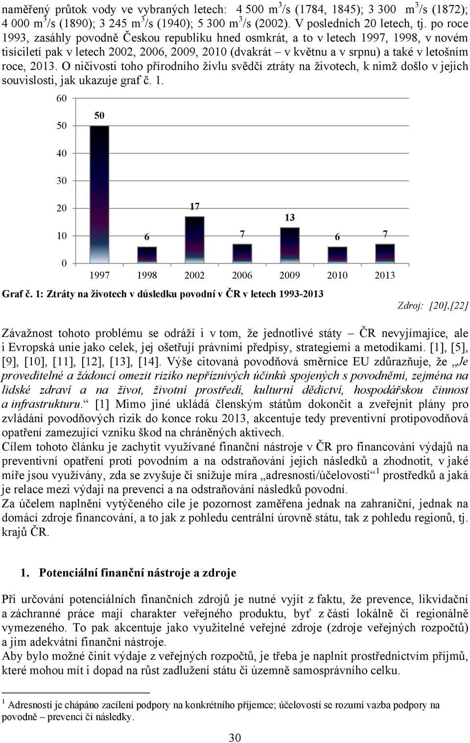 O ničivosti toho přírodního živlu svědčí ztráty na životech, k nimž došlo v jejich souvislosti, jak ukazuje graf č. 1. 60 50 40 30 50 20 10 6 17 7 13 6 7 0 1997 1998 2002 2006 2009 2010 2013 Graf č.