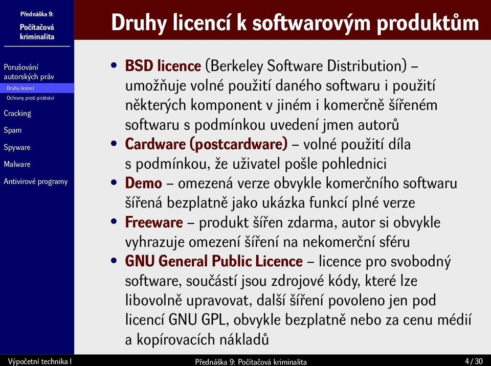 bezplatně jako ukázka funkcí plné verze Freeware produkt šířen zdarma, autor si obvykle vyhrazuje omezení šíření na nekomerční sféru GNU General Public Licence licence pro svobodný software,