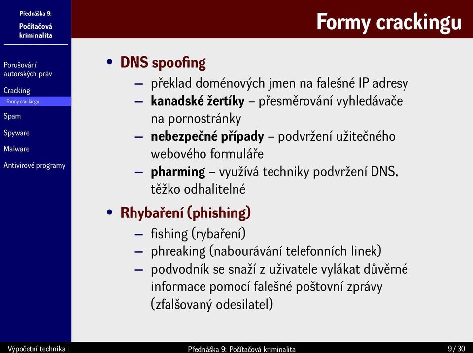 DNS, těžko odhalitelné Rhybaření (phishing) fishing (rybaření) phreaking (nabourávání telefonních linek) podvodník se snaží