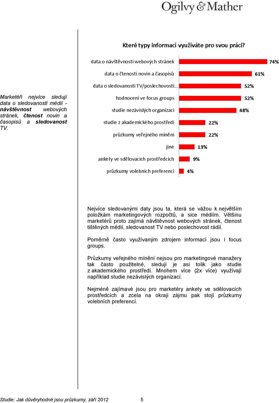 Většinu marketérů proto zajímá návštěvnost webových stránek, čtenost tištěných médií, sledovanost TV nebo poslechovost rádií. Poměrně často využívaným zdrojem informací jsou i focus groups.