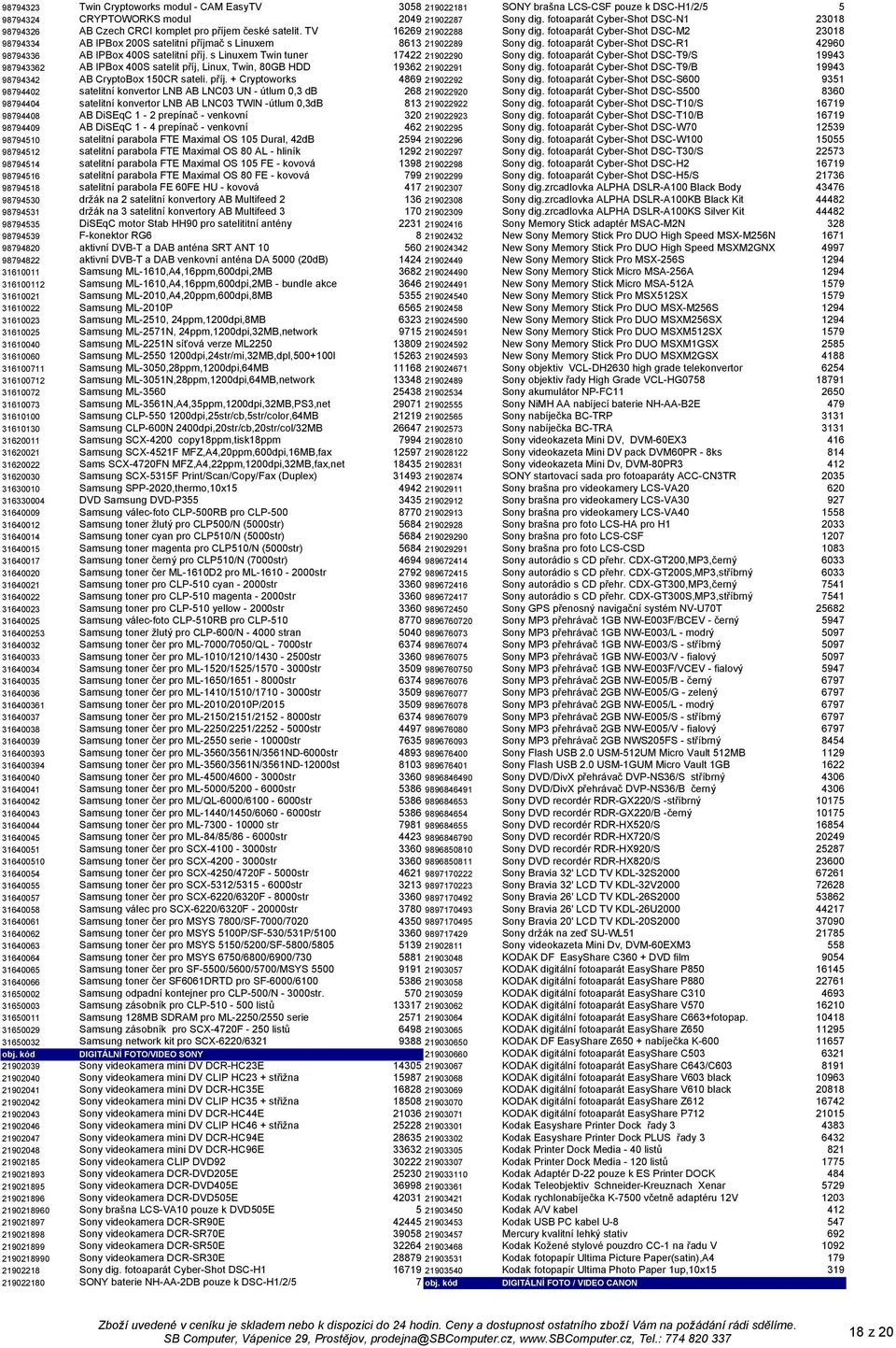 fotoaparát Cyber-Shot DSC-M2 23018 98794334 AB IPBox 200S satelitní příjmač s Linuxem 8613 21902289 Sony dig. fotoaparát Cyber-Shot DSC-R1 42960 98794336 AB IPBox 400S satelitní příj.
