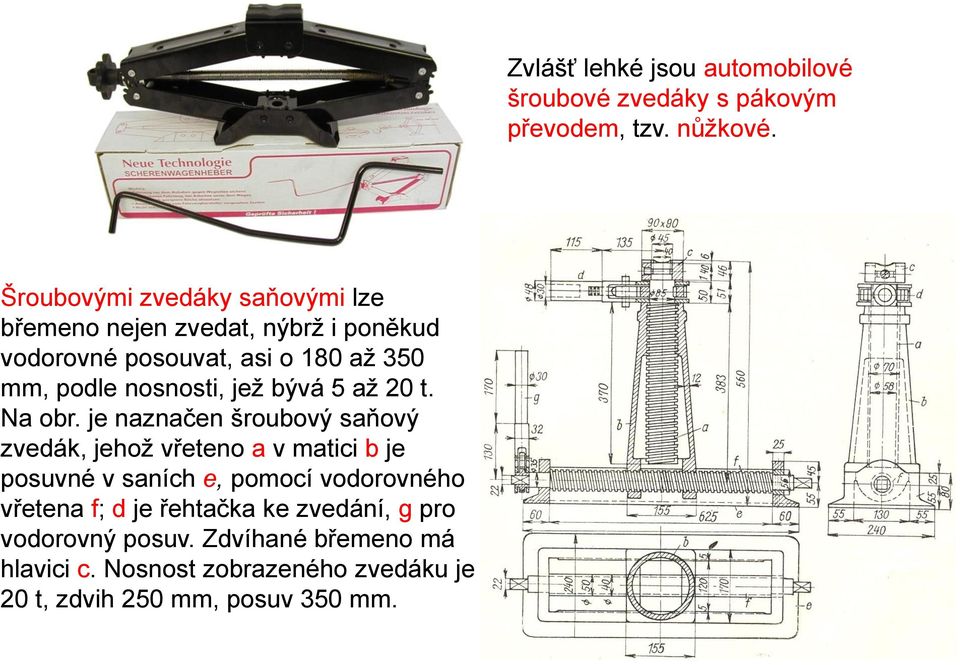 je naznačen šroubový saňový zvedák, jehož vřeteno a v matici b je posuvné v saních e, pomocí vodorovného vřetena f; d je