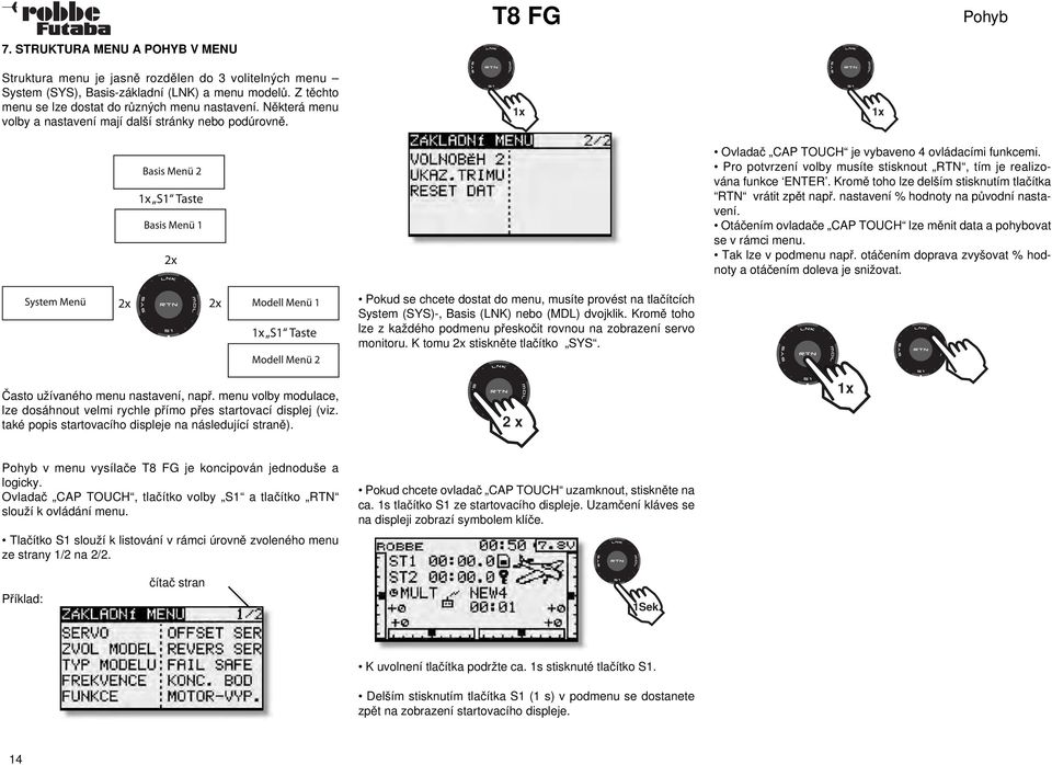 Kromě toho lze z každého podmenu přeskočit rovnou na zobrazení servo monitoru. K tomu 2x stiskněte tlačítko SYS. 1x Ovladač CAP TOUCH je vybaveno 4 ovládacími funkcemi.