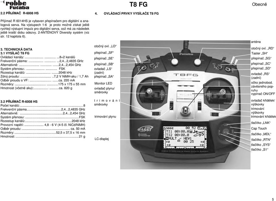 TECHNICKÁ DATA 3.1 VYSÍLAČ Ovládací kanály:.........8+2 kanálů Frekvenční pásma:.........2,4...2,4835 GHz Alternativně:.........2,4...2,454 GHz Systém přenosu:....... FSK Rozestup kanálů:.