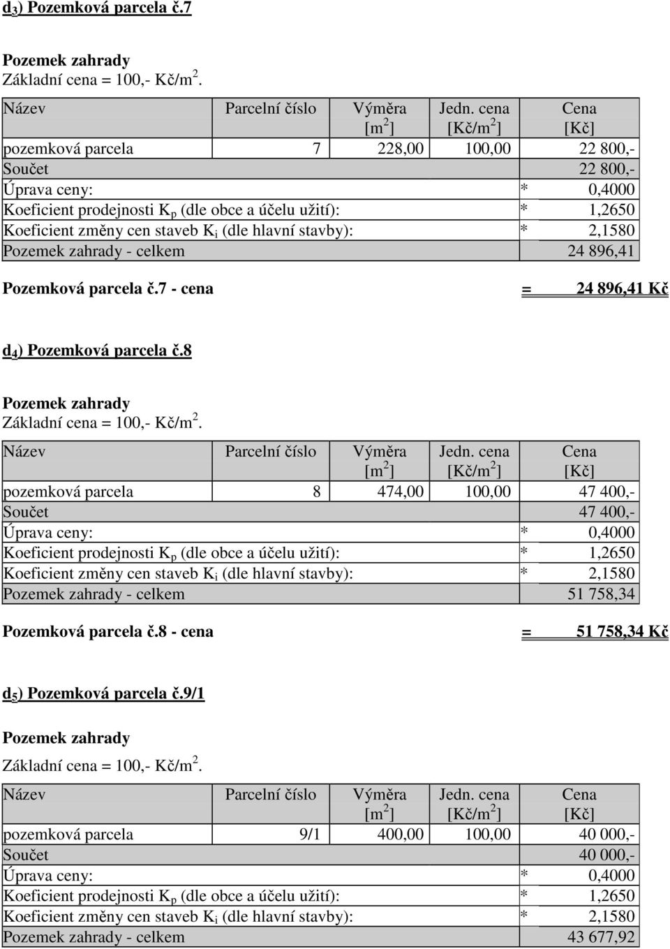 896,41 Pozemková parcela č.7 - cena = 24 896,41 Kč d 4 ) Pozemková parcela č.8 Pozemek zahrady Základní cena = 100,- Kč/m 2. Název Parcelní číslo Výměra [m 2 ] Jedn.