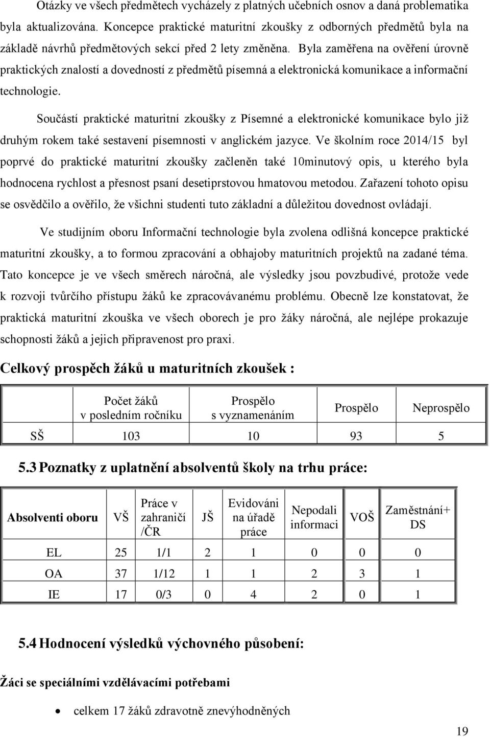 Byla zaměřena na ověření úrovně praktických znalostí a dovedností z předmětů písemná a elektronická komunikace a informační technologie.