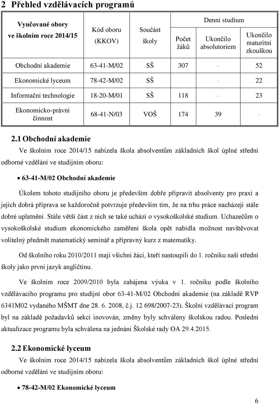 1 Obchodní akademie Ve školním roce 2014/15 nabízela škola absolventům základních škol úplné střední odborné vzdělání ve studijním oboru: 63-41-M/02 Obchodní akademie Úkolem tohoto studijního oboru